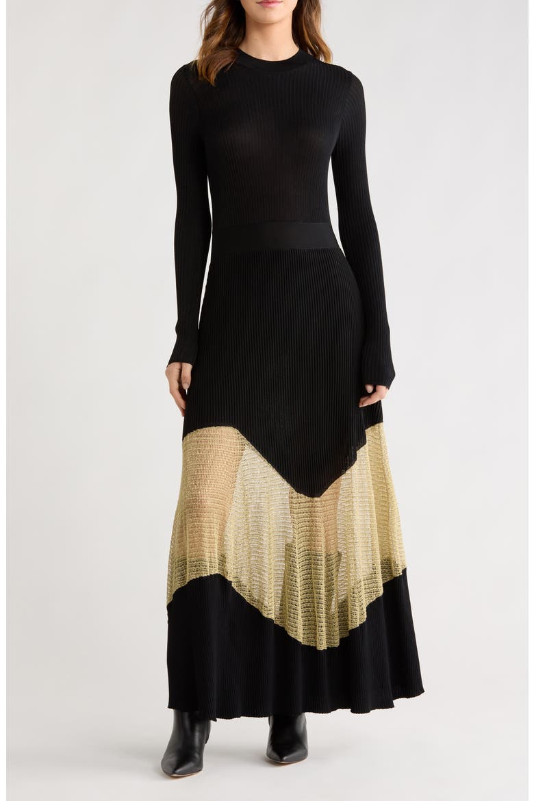 Roanne Long Sleeve Metallic Maxi Dress, Main, color, GOLD NOIR