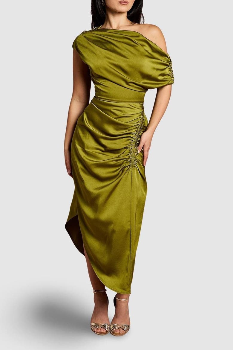 Petite Satin One Shoulder Midi Dress, Alternate, color, Olive