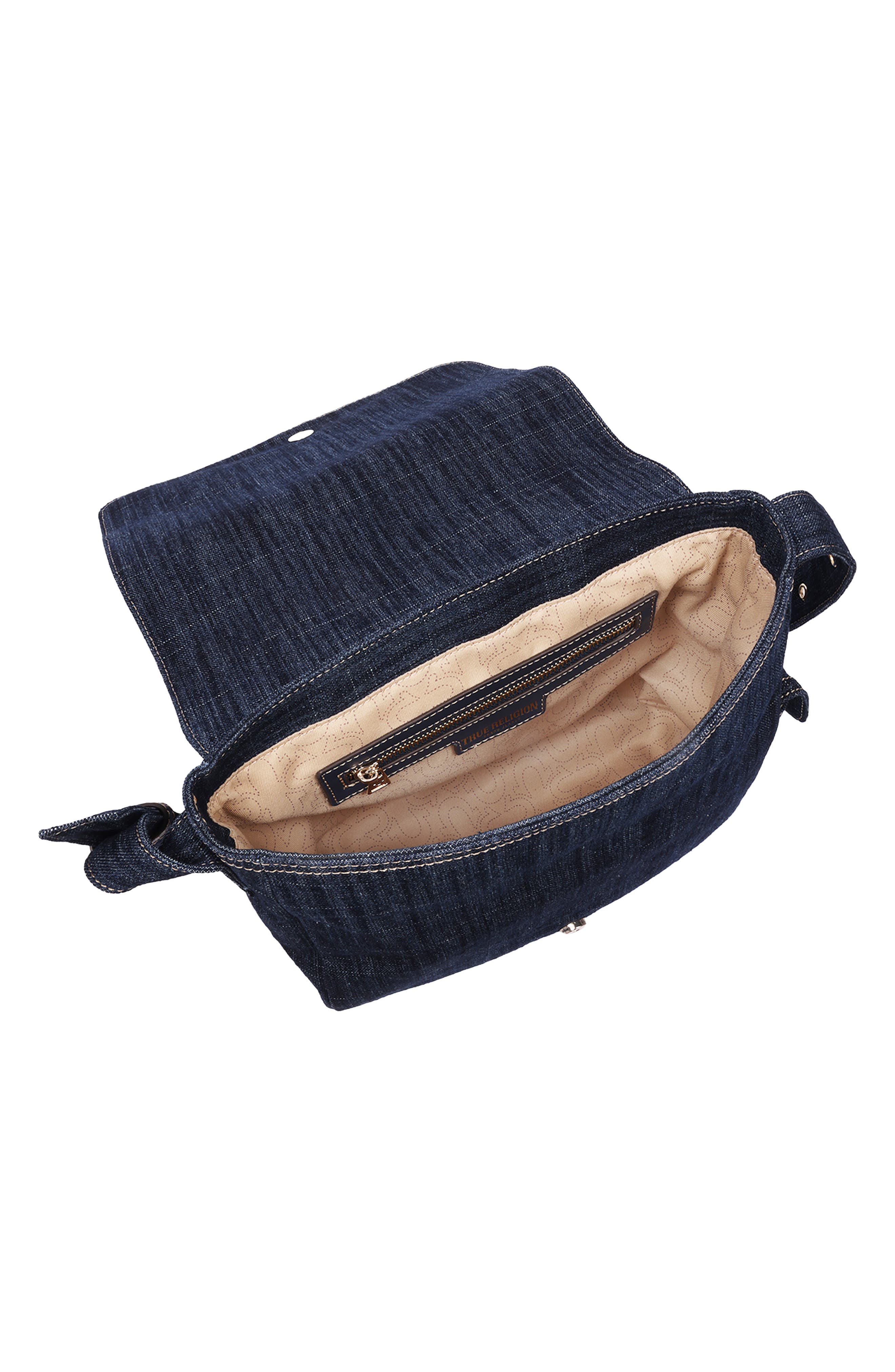 Varsity Logo Denim Messenger Bag, Alternate, color, DARK DENIM