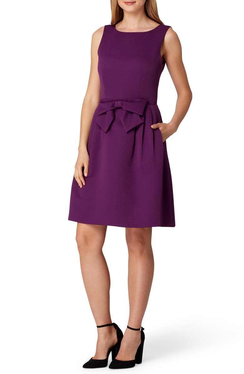 Tahari Sleeveless Bow Waist Fit & Flare Dress, Main, color, Plum