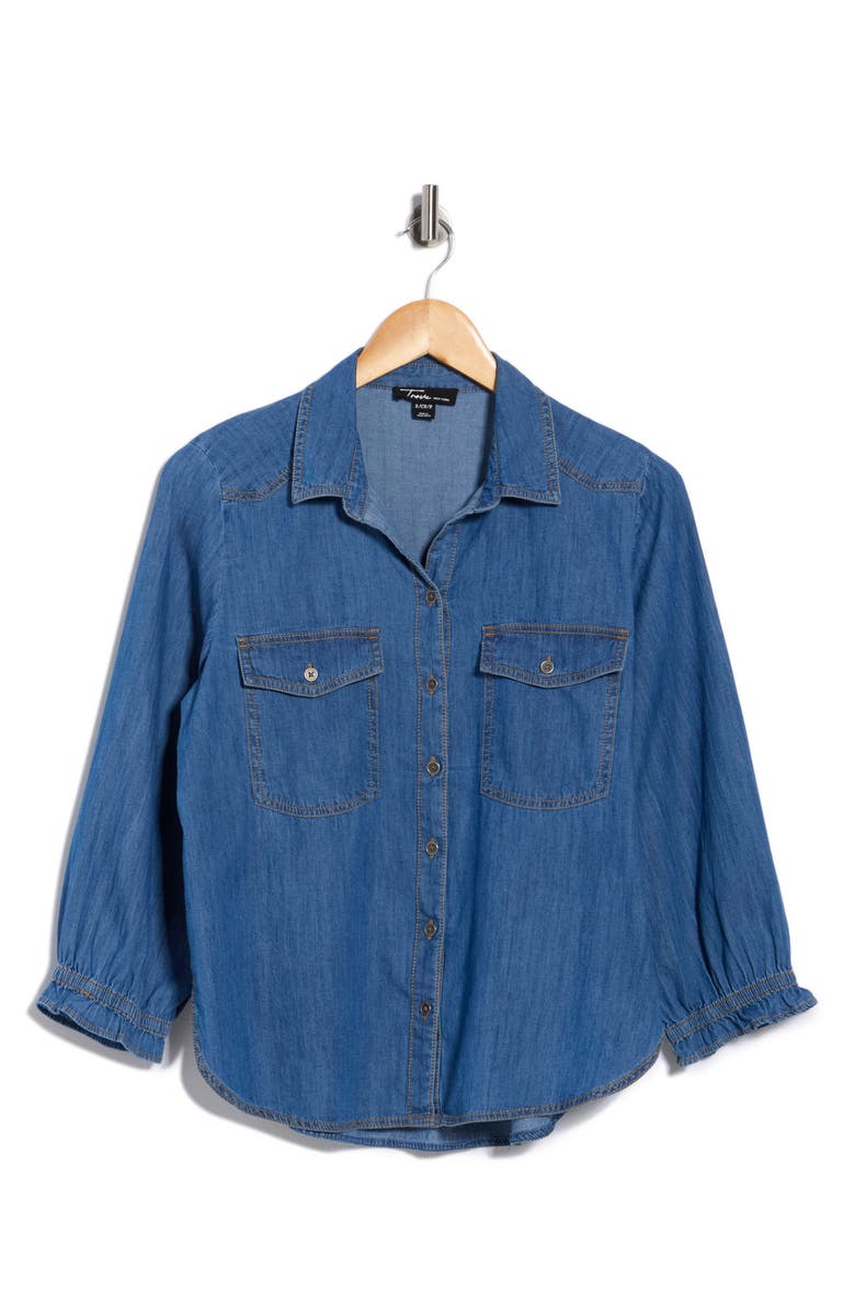 Trove New York Puff Sleeve Denim Button-Up Shirt, Alternate, color, Medium Wash