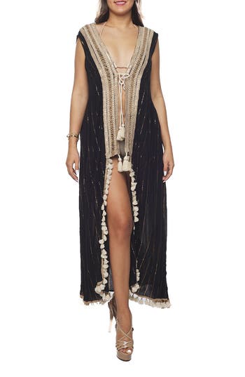 Shop Ranee's Ranees Tassel Trim Sleeveless Cover-up Duster In Black