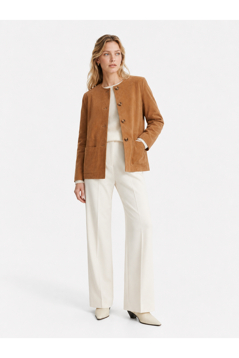 Broom Premium Suede Leather Collarless Jacket, Alternate, color, Camel