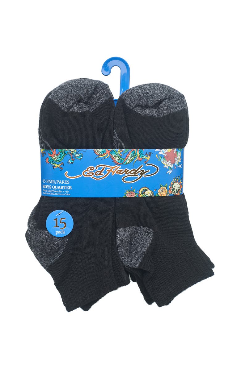 Ed Hardy Boys Basic Flat Quarter Sock 15-Pack, Alternate, color, Black