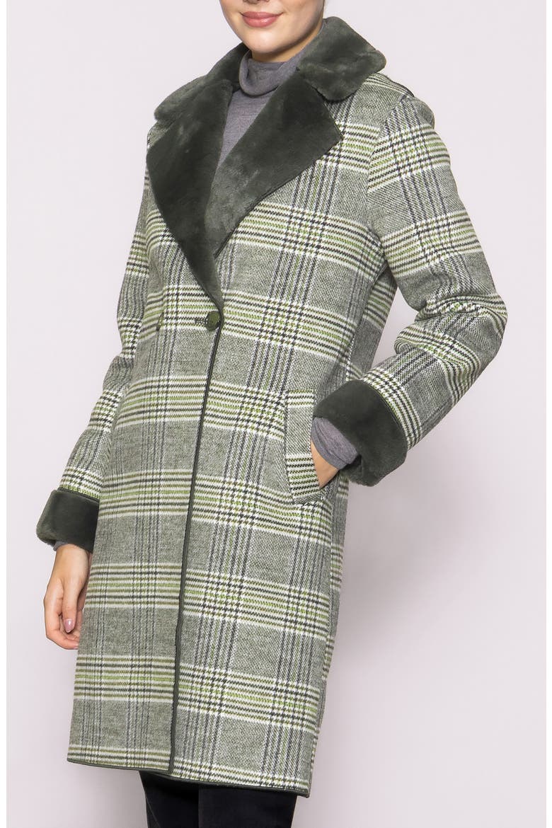 Plaid Faux Fur Trim Coat, Alternate, color, GREEN PLAID