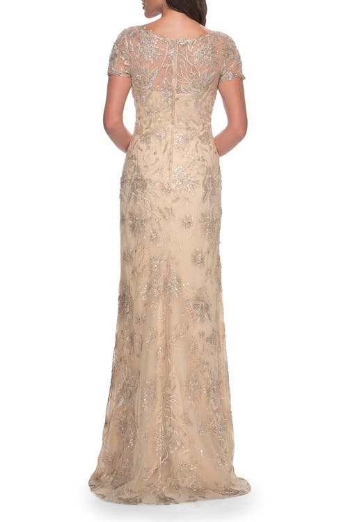 La Femme Gorgeous Beaded Long Gown With Short Sleeves And V Neck In Light Gold