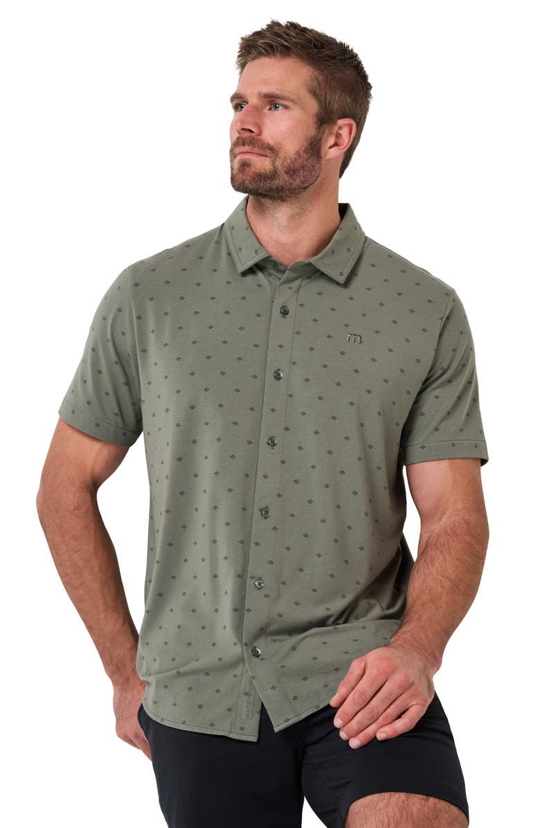TravisMathew Comfortknit Geo Short Sleeve Button-Up Shirt, Alternate, color, Dark Olive