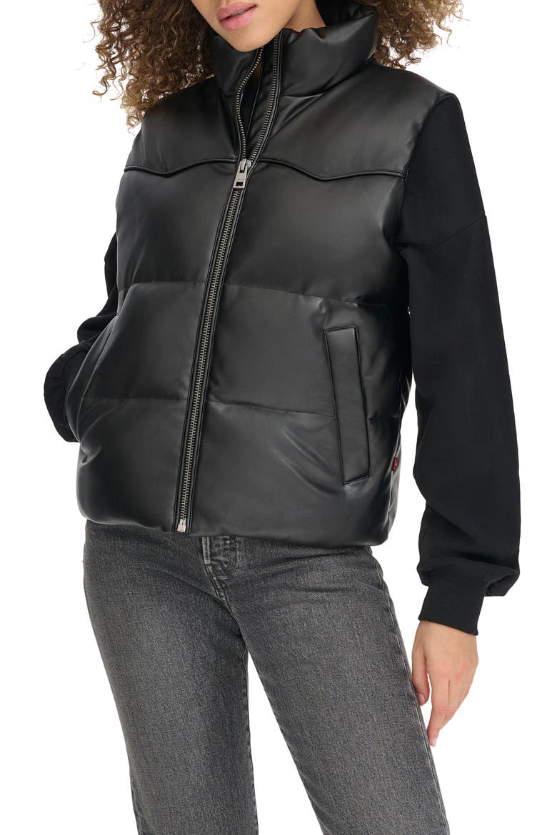 Faux Leather Western Puffer Vest, Alternate, color, BLACK
