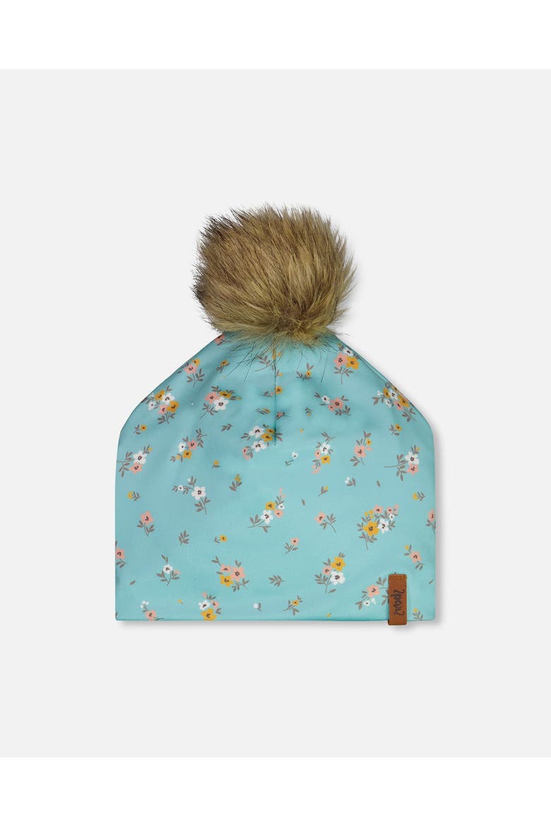 Baby Girl's Detachable Pompom Hat Blue Little Flowers Print, Main, color, Blue Little Flowers Print