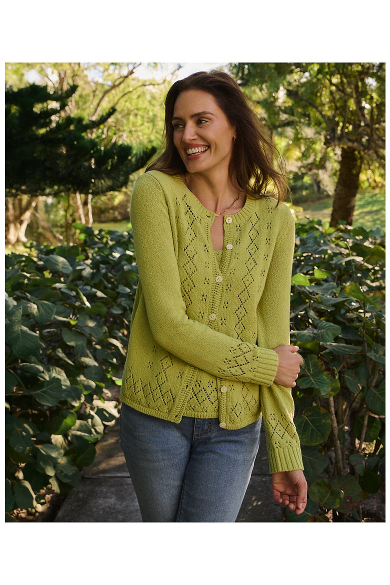 Pointelle Crew Neck Cardigan Sweater, Alternate, color, Bright Pistachio