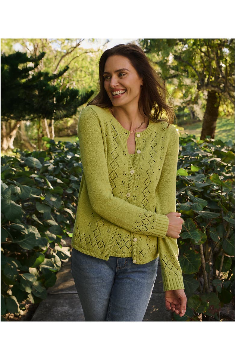 Lands' End Pointelle Crew Neck Cardigan Sweater, Alternate, color, Bright Pistachio