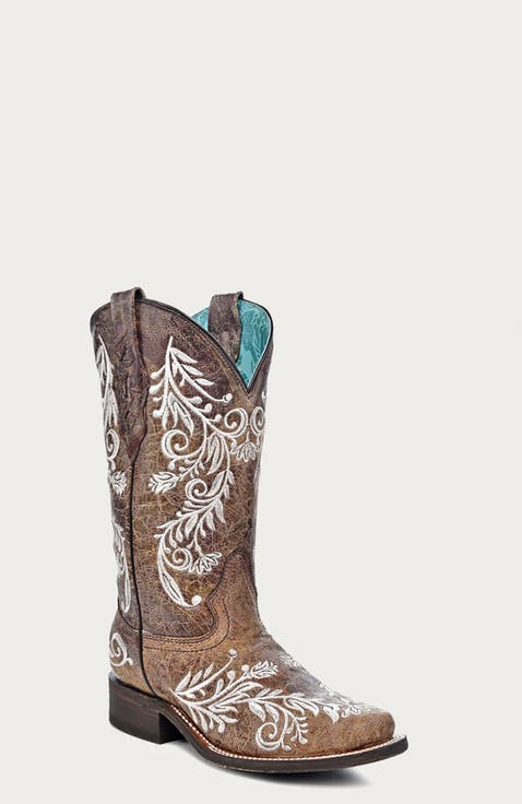 Cowhide Embroidered Square Toe Western Boots