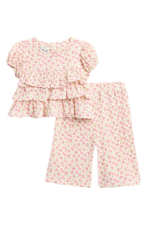 Pippa & Julie Lauren Floral Print Tiered Top & Pants Set In Ivory/pink Floral