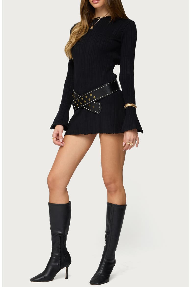 Isabel Backless Long Sleeve Rib Minidress, Alternate, color, BLACK