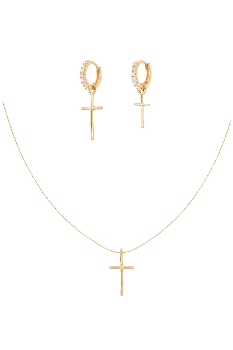 Sterling Silver 18k Gold Plated Ariel Cross Necklace & Mismatching Cross Earrings Set, Main, color, Gold