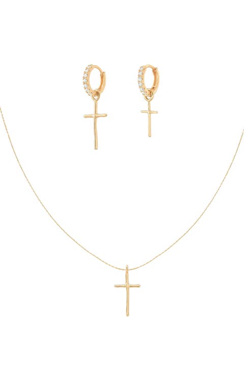 Sterling Silver 18k Gold Plated Ariel Cross Necklace & Mismatching Cross Earrings Set Holiday Gift Idea
