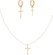 Bearfruit Jewelry Sterling Silver 18k Gold Plated Ariel Cross Necklace & Mismatching Cross Earrings Set