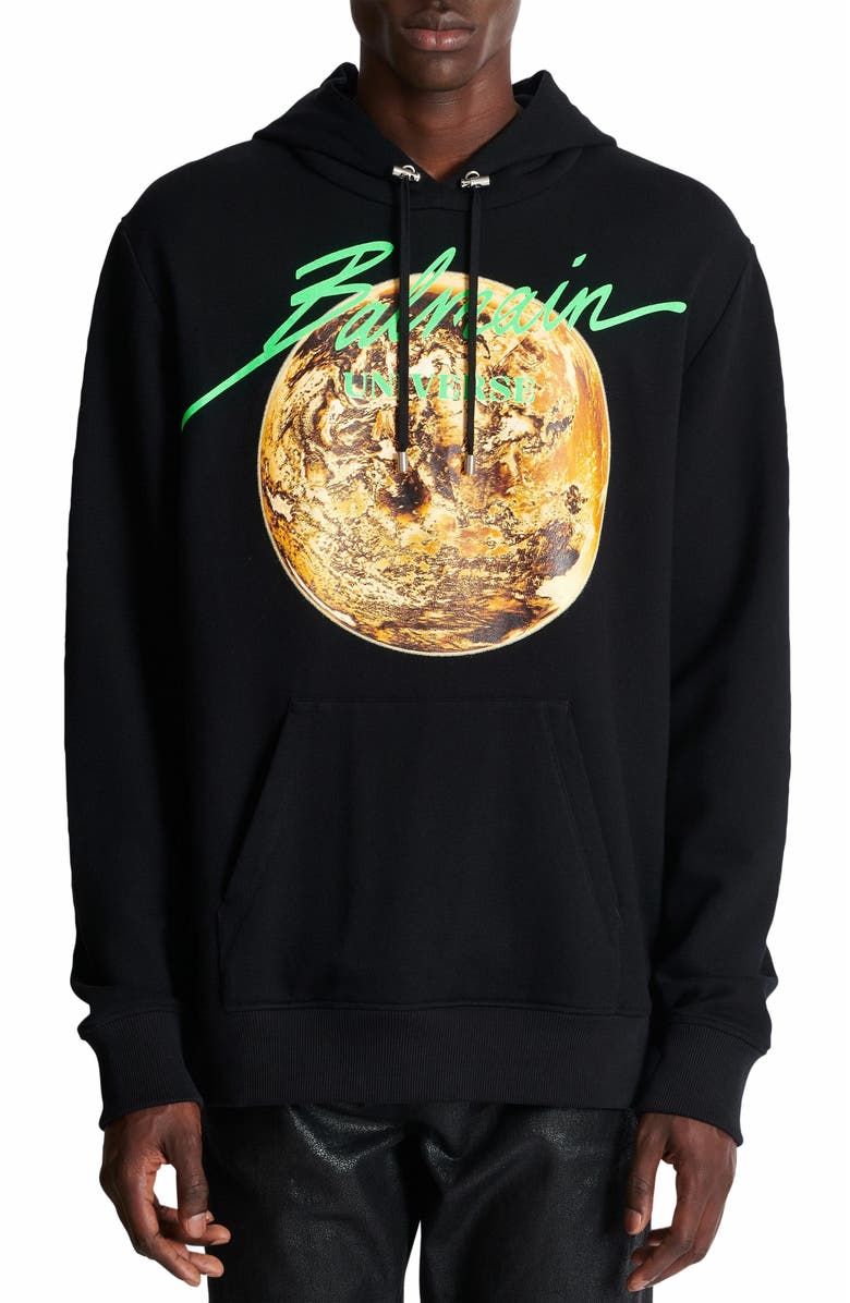 Balmain Printed Balmain Universe Logo And Planet Hoodie, Alternate, color, Black