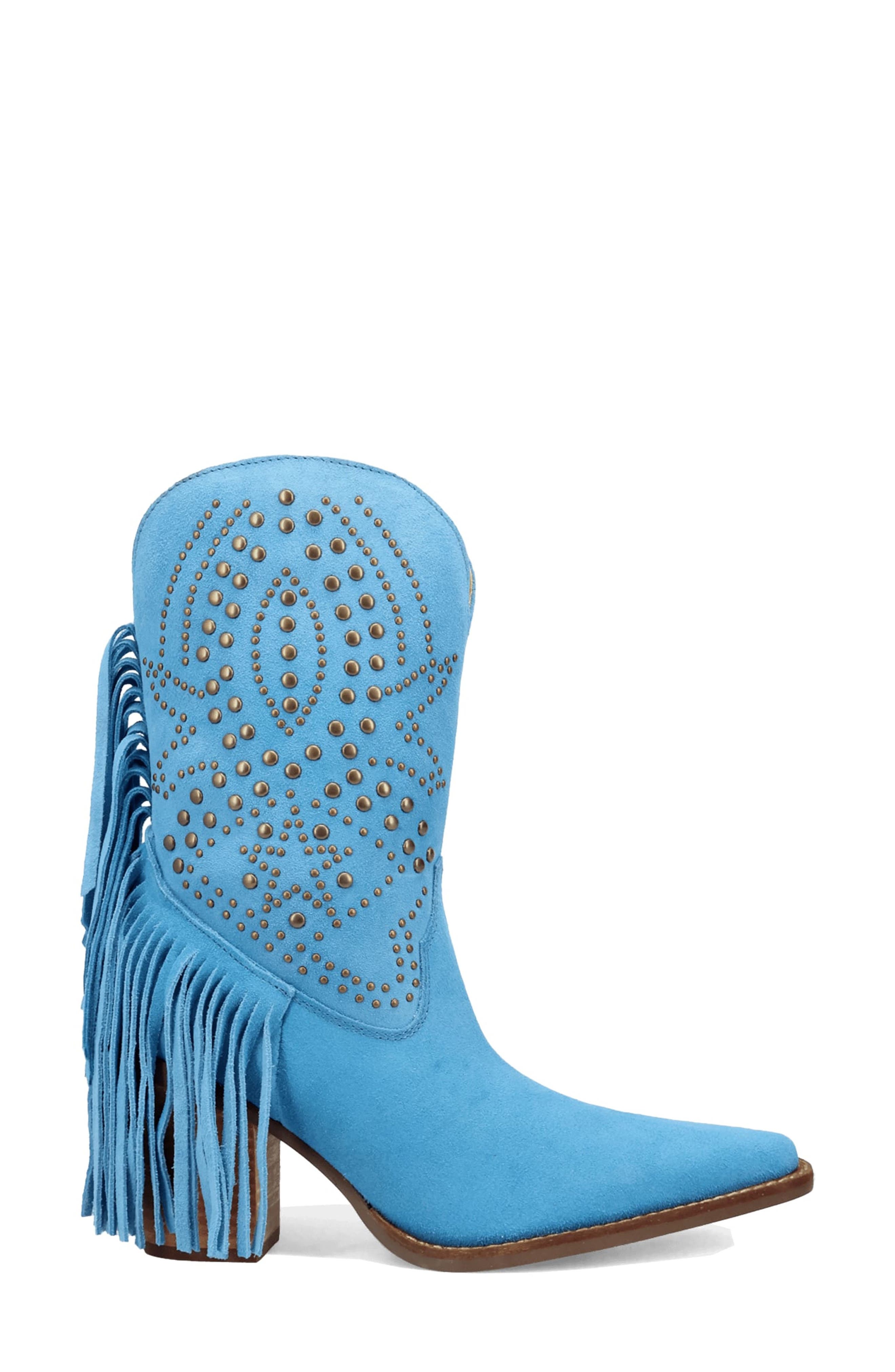 Star Power Fringe & Stud Western Boot, Alternate, color, BLUE