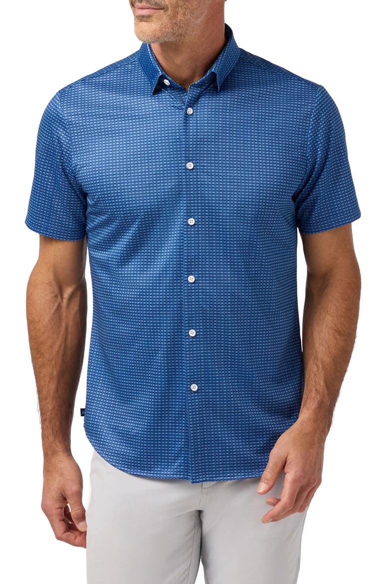 Halyard Trim Fit Short Sleeve Performance Button-Up Shirt, Main, color, COBALT TONAL WOVEN