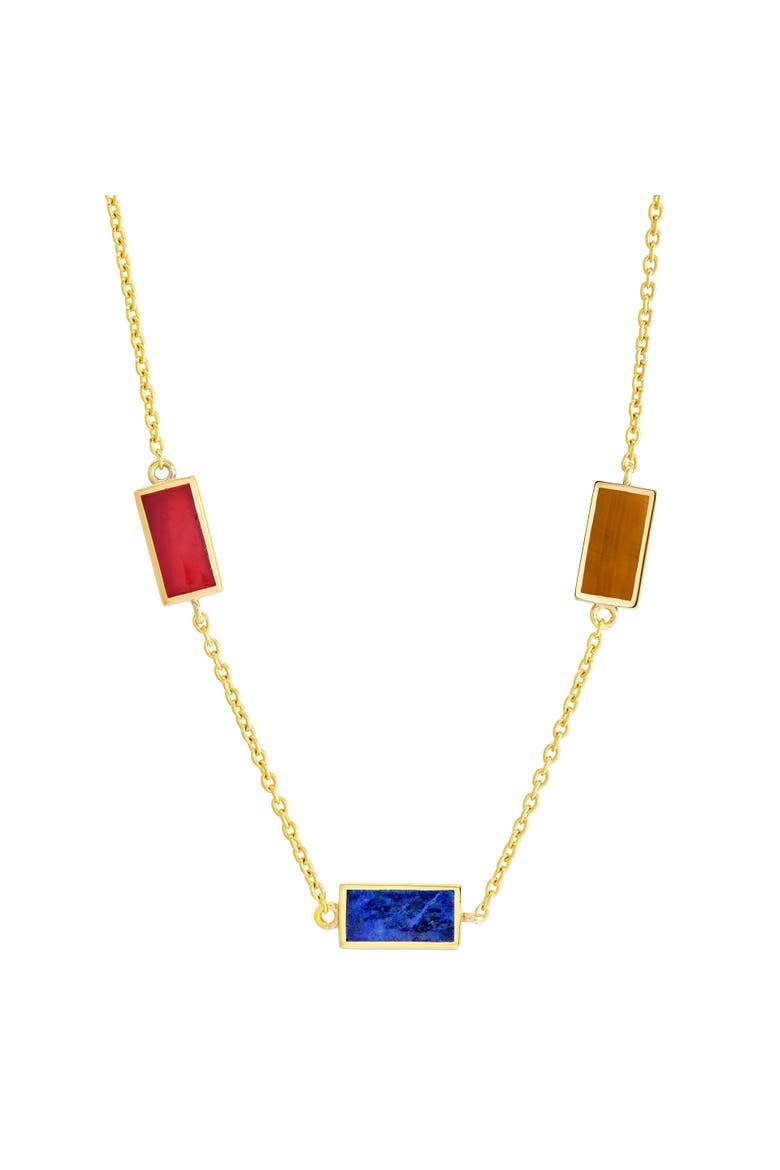 Multi Gemstone Three Station Rectangle Dash Necklace In Sterling 18K Gold Overlay, Main, color, MULTI