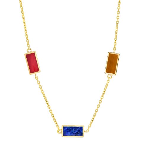 Multi Gemstone Three Station Rectangle Dash Necklace In Sterling 18K Gold Overlay