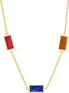 Jan Leslie Multi Gemstone Three Station Rectangle Dash Necklace In Sterling 18K Gold Overlay