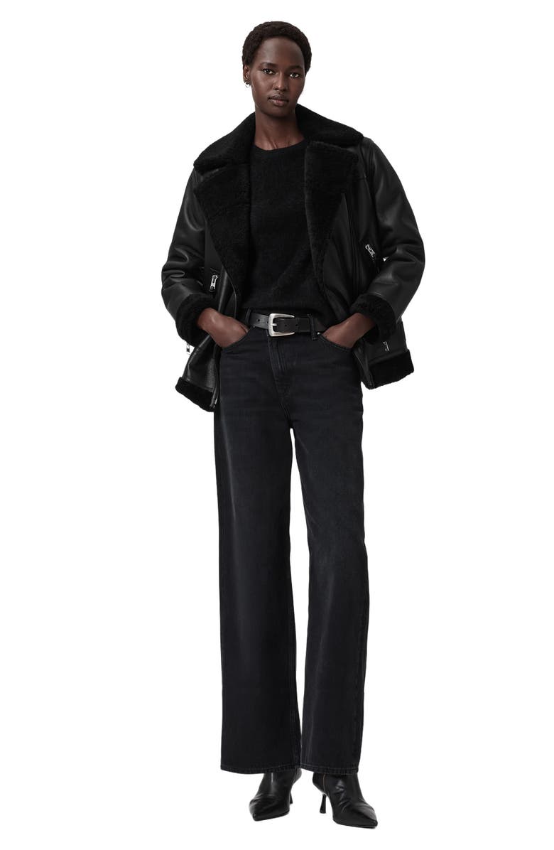 AllSaints Sola Oversize Genuine Shearling Biker Jacket, Alternate, color, Black/ Black