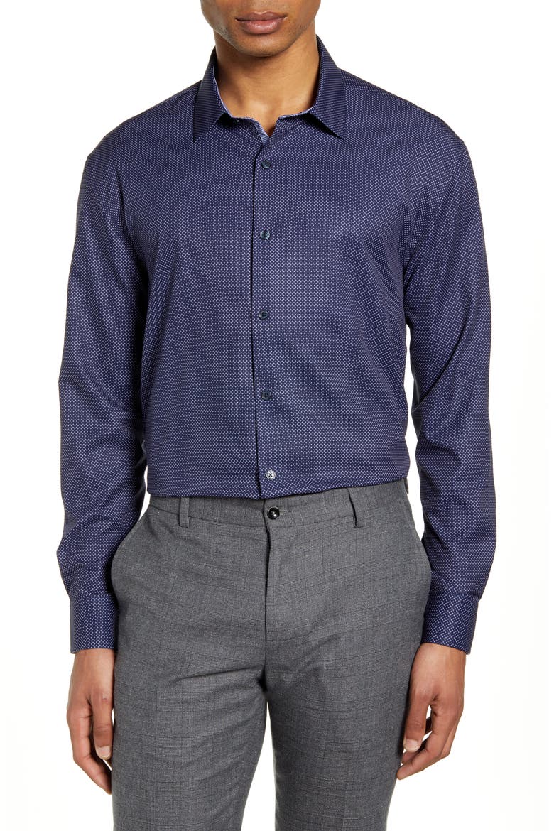 Slim Fit Performance Stretch Dot Dress Shirt, Main, color, NAVY