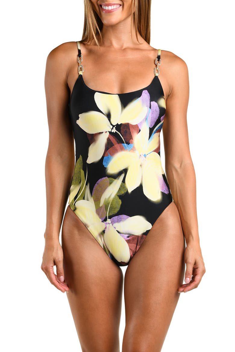 Afterglow Chain Strap Moderate Coverage One-Piece Swimsuit, Main, color, BLACK MULTI