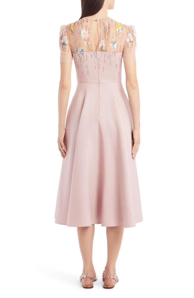 Valentino Embellished Illusion Yoke Wool & Silk Midi Dress, Alternate, color, 