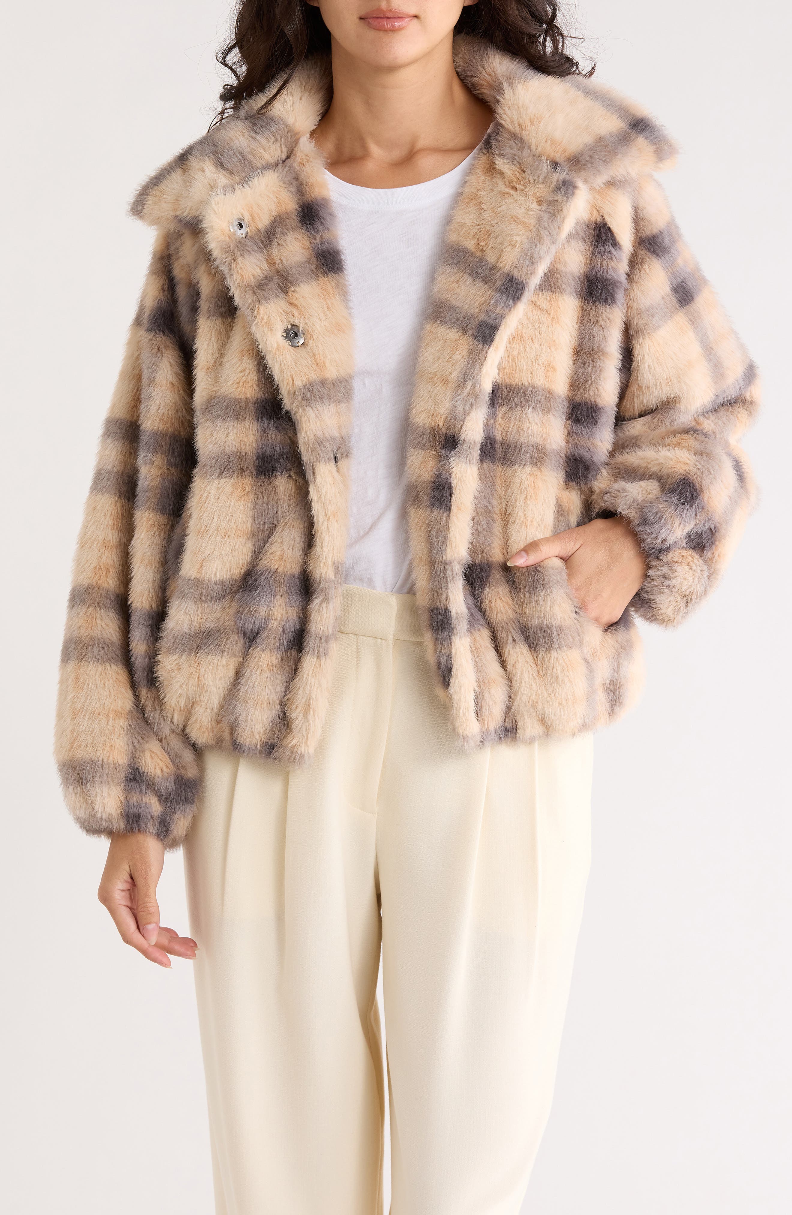 Democracy Plaid Faux Fur Bomber Jacket