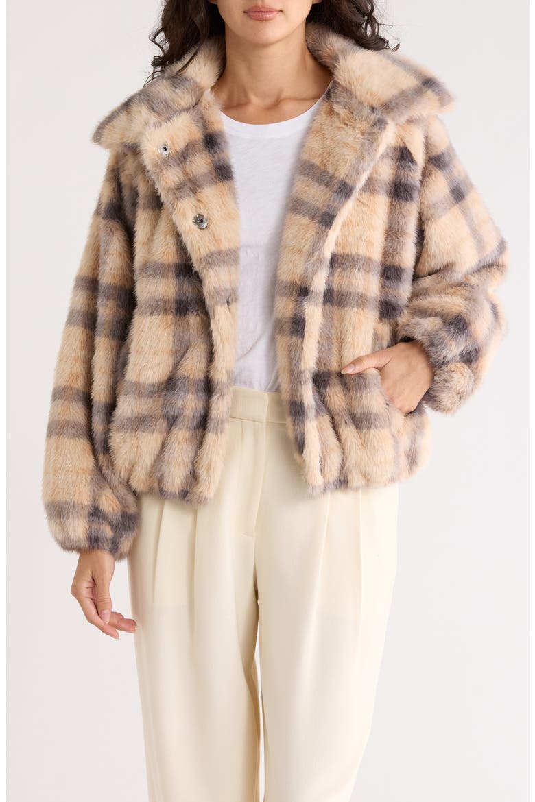 Plaid Faux Fur Bomber Jacket, Main, color, WALNUT/ SHADOW