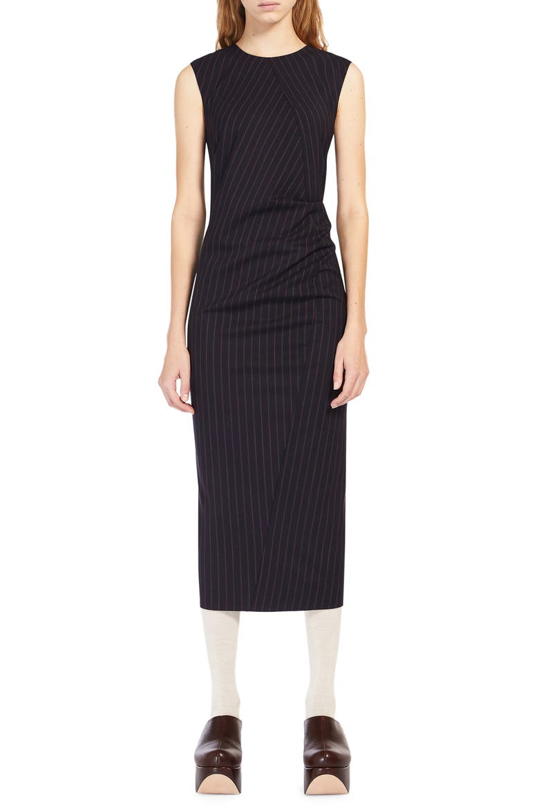 Sidra Asymmetric Pinstripe Stretch Wool Sheath Dress, Main, color, MIDNIGHTBLUE