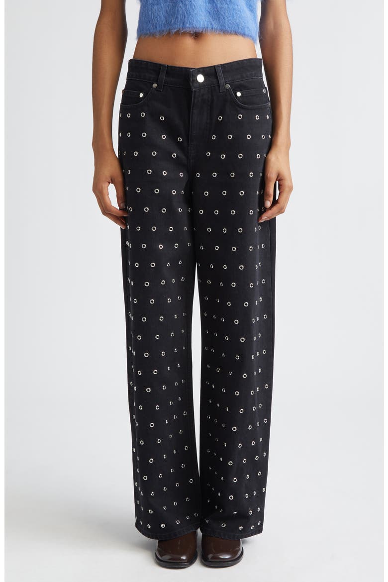 Grommet Detail Straight Leg Jeans, Main, color, BLACK