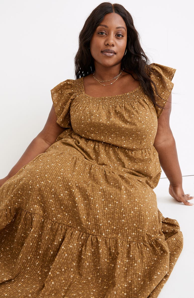 Madewell Daisy Stitch Ruffle Sleeve Tiered Midi Dress, Alternate, color, 