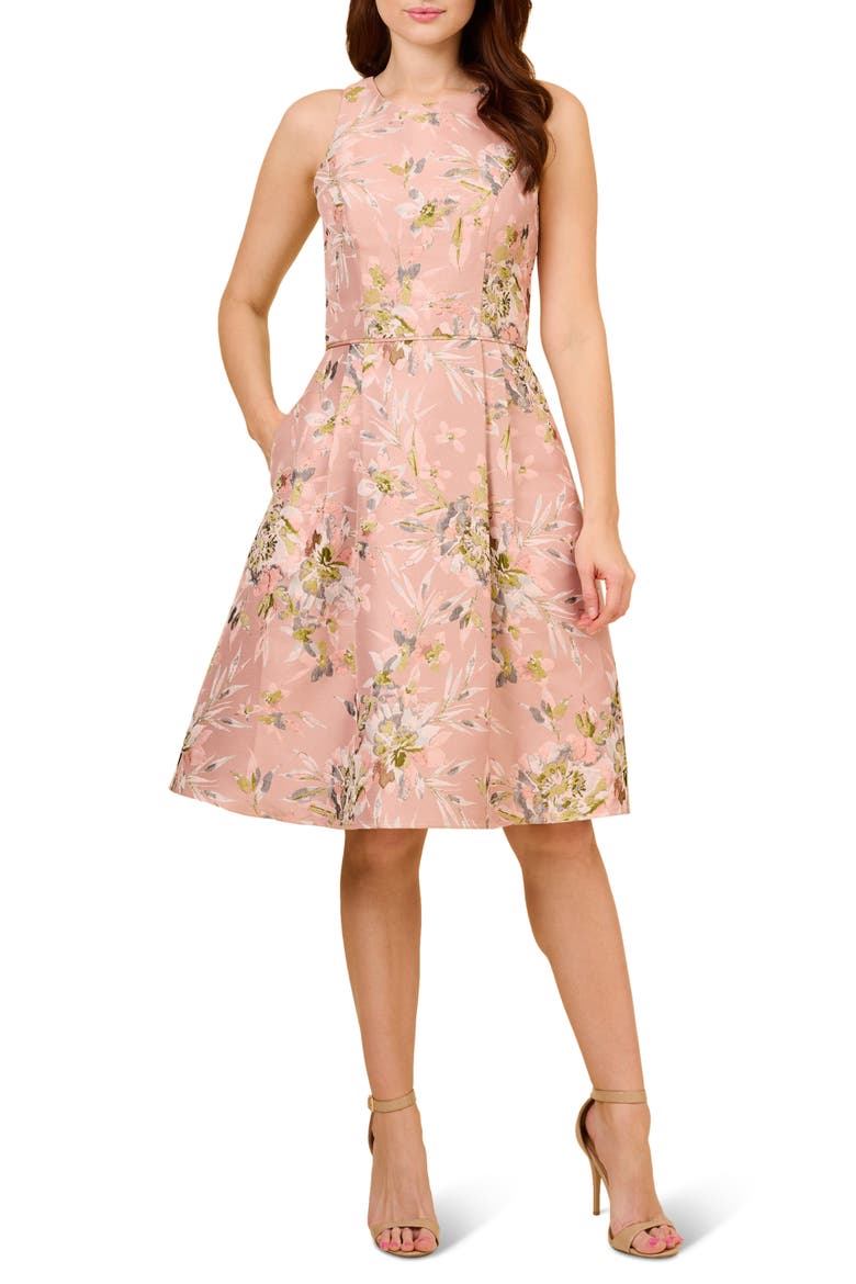 Metallic Floral Jacquard Fit & Flare Dress, Main, color, PALE AZALEA