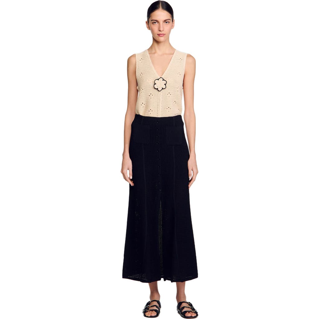 Sandro Womens Naturels Flower-embroidered V-neck Sleeveless Crochet Cardigan In Black