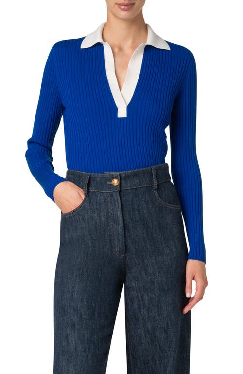 Akris Punto Colorblock Long Sleeve Virgin Merino Wool Rib Polo Sweater In Royal-cream