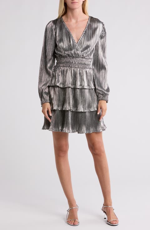 Metallic Long Sleeve Ruffle Plissé Dress