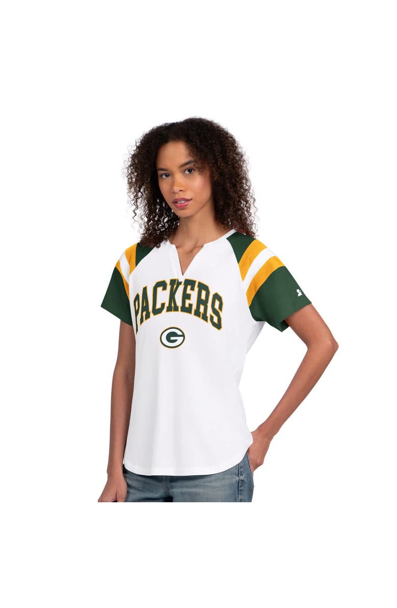 STARTER Women's Starter White Green Bay Packers Game On Notch Neck T-Shirt, Main, color, White