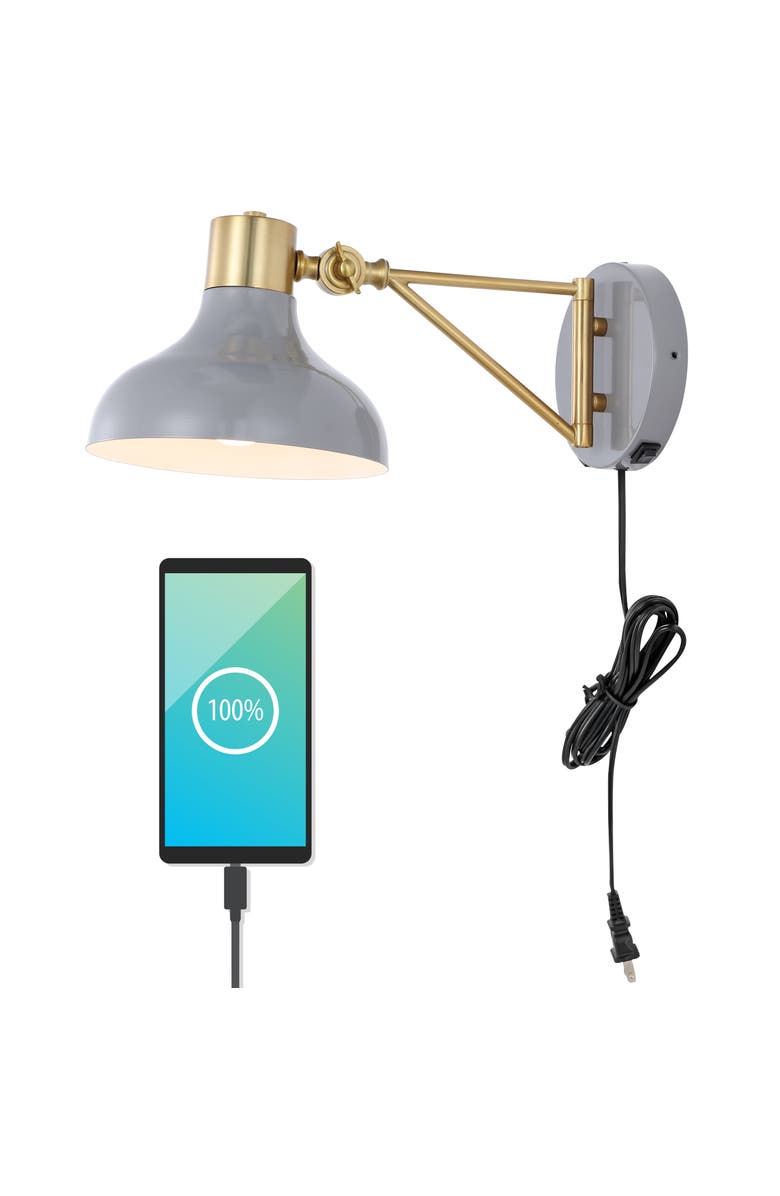 JONATHAN Y Lynn Swing Arm 1-Light Modern Midcentury Iron USB Charging Port LED Sconce, Main, color, Gray