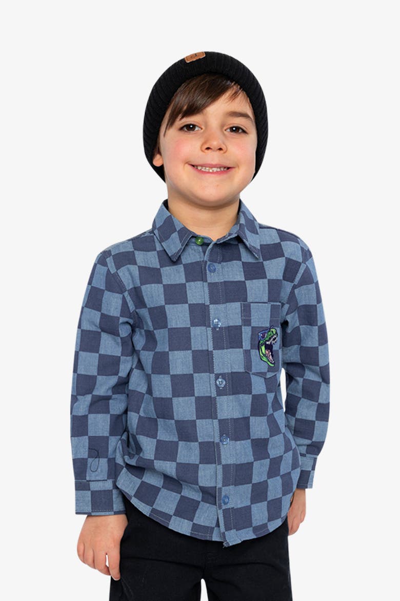 Checkered Dino Embroidered Chest Pocket Chambray Shirt, Alternate, color, Blue Checkered Print
