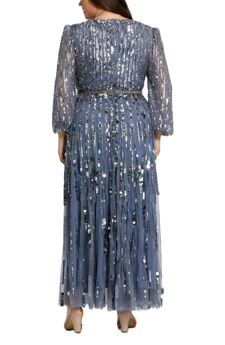 Mac Duggal Long Sleeve Beaded Crystal Deep V Neckline Gown, Alternate, color, Slate Blue