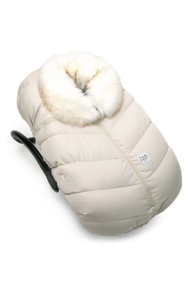 Water Repellent Faux Fur Trim Car Seat Cocoon, Main, color, BEIGE HEATHER WHITE FUR