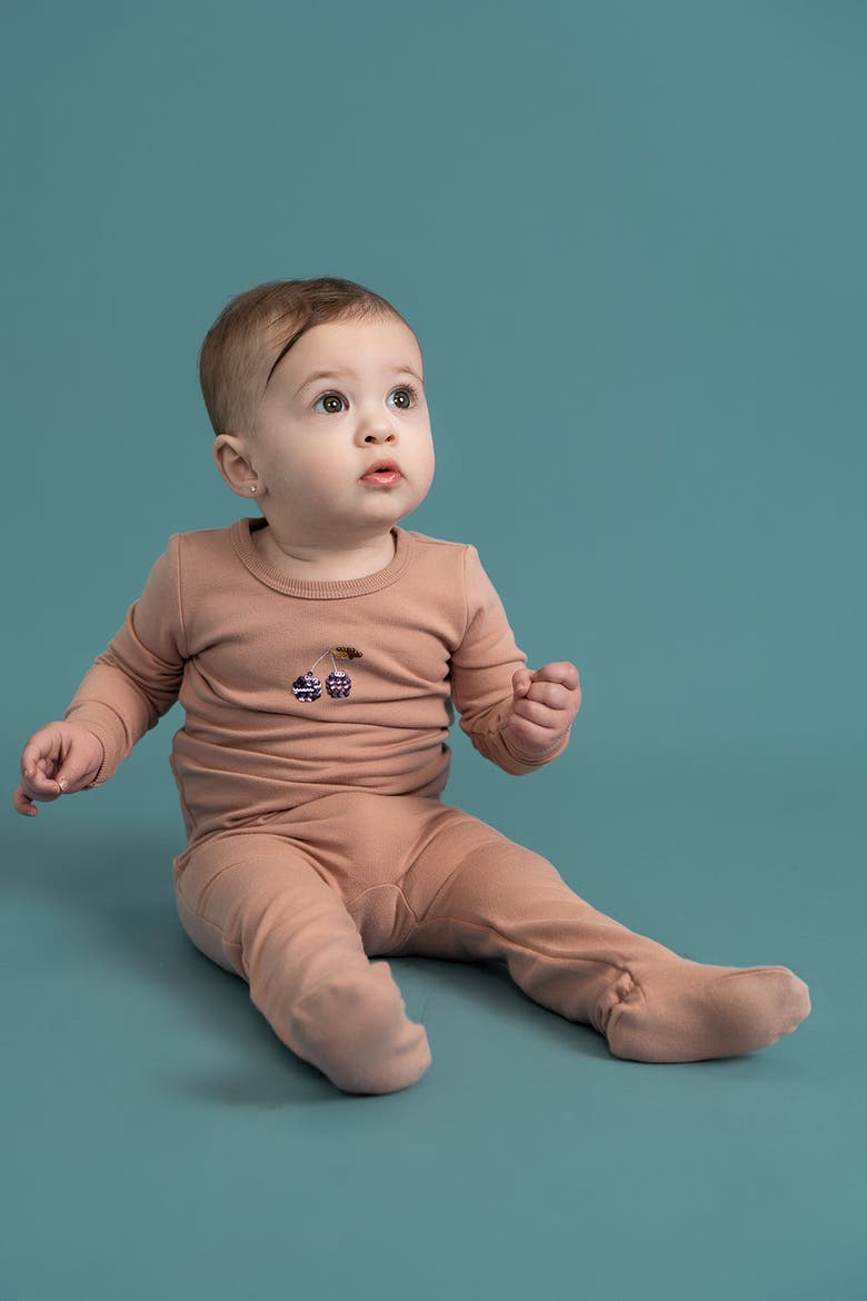 French Fleece Bunny Print Romper, Alternate, color, Dark Almond
