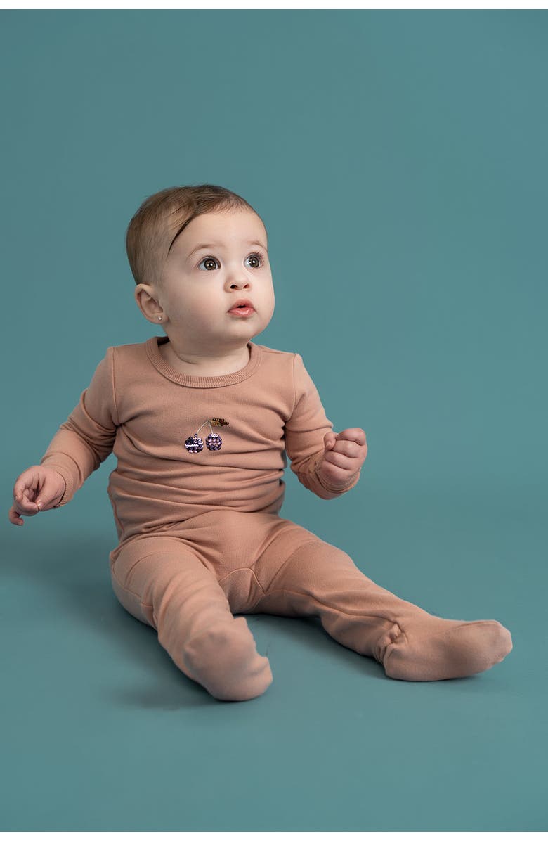 So Loved French Fleece Bunny Print Romper, Alternate, color, Dark Almond