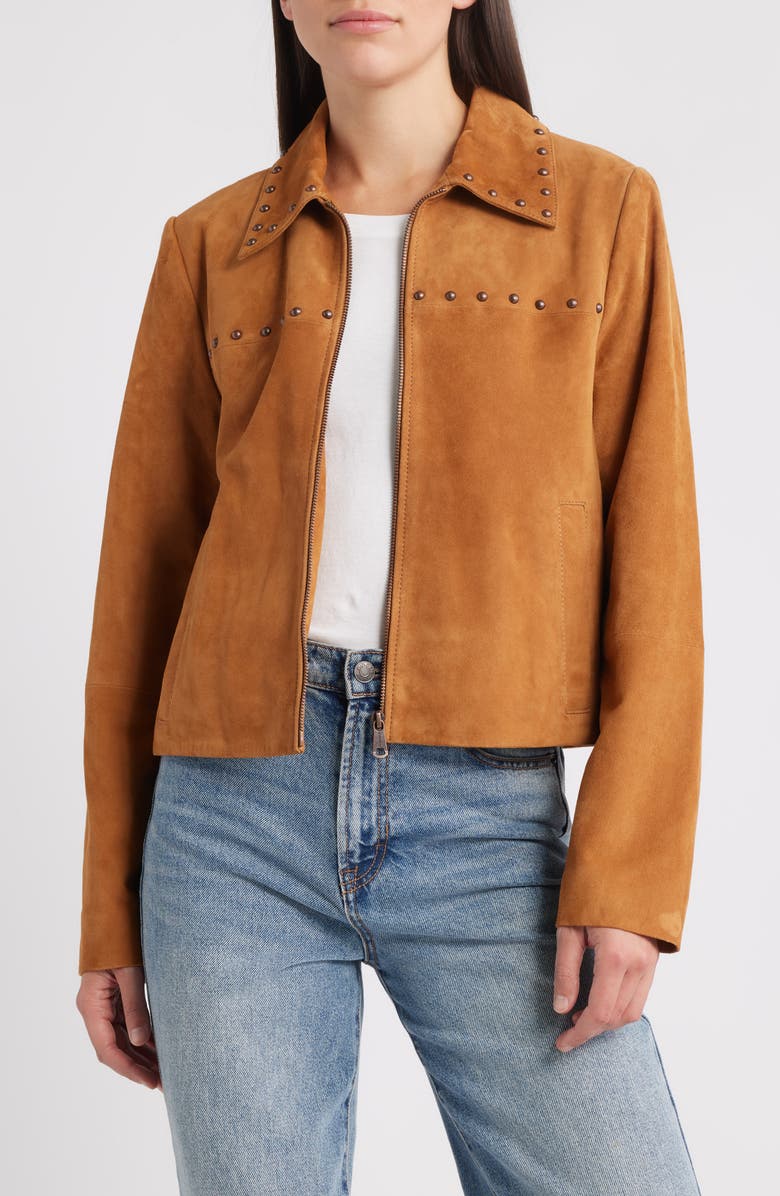 Bernardo Stud Detail Suede Jacket, Alternate, color, Cognac