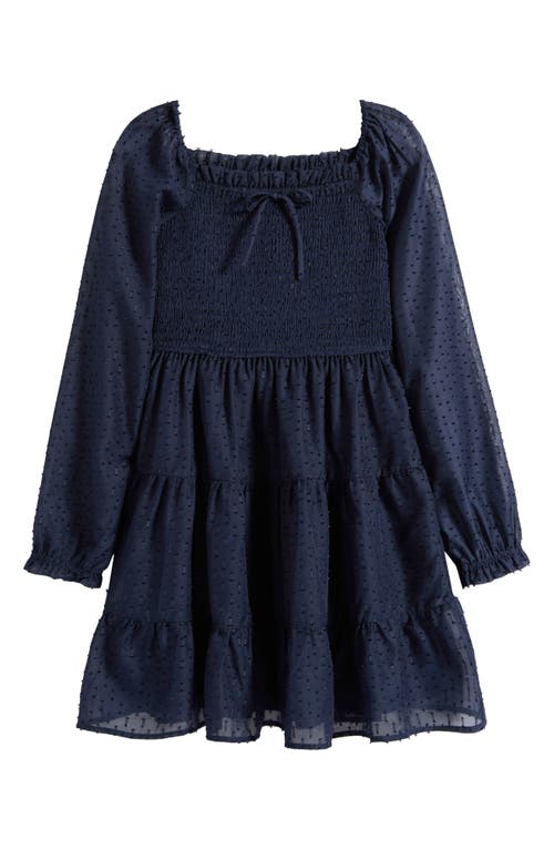 Ava & Yelly Kids' Smocked Long Sleeve Dress in Navy 