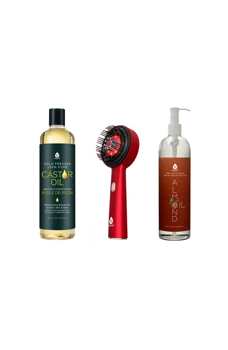 PURSONIC The Ultimate Hair & Beauty Wellness Bundle LED Therapy Brush, Castor Oil, & Sweet Almond Oil, Main, color, Multicolor